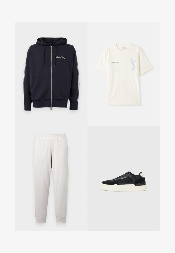 Sweatshirt com capuz azul marinho, com fecho éclair, apresenta riscas laterais brancas e o logótipo "Armani Exchange" no lado esquerdo do peito.; T-shirt de algodão branca com mangas curtas, apresentando o texto "United By Rhythm" em gráfico preto e azul no peito. Design de gola redonda.; Calças de moletão cinza claro com uma cintura elástica, bolsos laterais, punhos canelados e uma marcação subtil na perna, feitas de um tecido suave.; Sapata preta feita de malha e couro, apresentando uma sola branca grossa e detalhes contrastantes. Cadarços e detalhe do logótipo na lateral.
