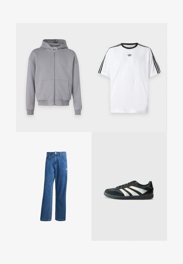 Γκρί zip-up hoodie κατασκευασμένο από ύφασμα από βαμβακερό μείγμα. Διαθέτει κουκούλα, μπροστινές τσέπες και ραμμένα μανίκια και στρίφωμα για εφαρμοστή γραμμή.; Λευκό T-shirt φτιαγμένο από βαμβάκι, με μαύρη στρογγυλή λαιμόκοψη και τρεις μαύρες ρίγες σε κάθε ώμο. Μικρό μαύρο λογότυπο στο στήθος.; Μπλε τζιν παντελόνι με ψηλή μέση, φαρδιά μπατζάκια, μπροστινές τσέπες, θηλιές ζώνης, κλείσιμο με κουμπί και μικρό λογότυπο Adidas στο δεξί μηρό.; adidas Performance PREDATOR FREESTYLE JUDE INDOOR FOOTBALL SHOES - Μπότες ποδοσφαίρου εσωτερικού χώρου - core black/silver-coloured/glory blue