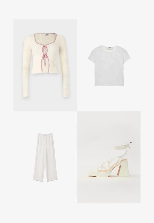Krémový žebrovaný pletený cropped top s dlouhými rukávy, čtvercovým výstřihem a růžovým zavazováním vpředu. Obsahuje jemnou diamatovou texturu.; Bílá tričko s krátkým rukávem a kulatým výstřihem, vyrobené z jemné bavlny, s jednoduchým a čistým designem bez viditelných vzorů nebo akcentů.; Bílé široké kalhoty vyrobené z lehké tkaniny. Mají elastický pas se šňůrkou a boční kapsy. Hladká textura.; Bílé sandály na vysokém podpatku s robustním podpatkem, s designem s pásky a zavazováním kolem kotníku. Hladký povrch s platformou vpředu pro zvýšení výšky.