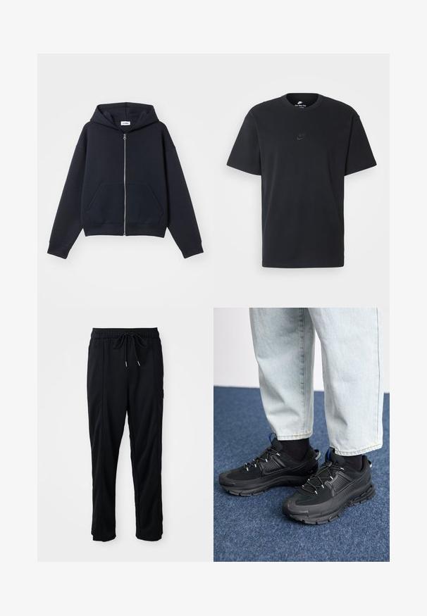Tõmbluku ja navy sinine kapuutsiga sviiter, mis on valmistatud pehmest materjalist. Sellel on eesmine tasku, kapuuts ja soonikkoes mansetid ning see on lõdva lõikega ja minimaliseeritud disainiga.; Nike musta mustast puuvillast T-särk klassikalise ümmarguse kaelusega, lühikeste varrukatega ja õrna, reljeefse logoga rinnal. Sile tekstuur.; Mustad nööridega vööga igapäevased mustad püksid, külgseamipocketid ja sirge sääre lõikega, ühtlasel taustal.; Mustad mustad jooksukingad, millel on tekstureeritud kangas ja kummist tallad, elastsed nöörid ning sinine aksent kandadel. Kandmine heledate teksadega.