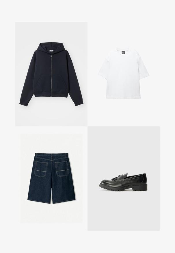 Navy hoodie med lynlås lavet af blødt materiale, udstyret med en frontlomme, hætte og ribbede manchetter, med en afslappet pasform og minimal design.; Hvid kortærmet T-shirt lavet af bomuld, med rund halsudskæring og løs pasform med lige kant. Ingen mønstre eller udsmykninger.; Sorte denim shorts i mørkeblå med løs pasform, der har to baglommer med kontrastsyning. Lige snit og knælangt design.; Sorte læder loafers med en rund tå, fremtrædende syninger og en tekstureret gummisål. Har dekoreret hardware på vristen.