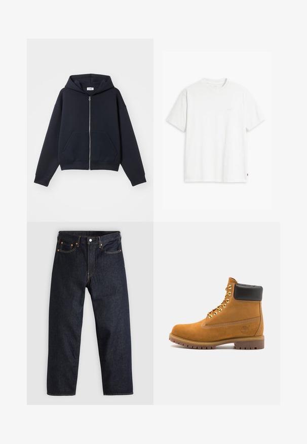Navy zip-up kapuca s kakvoćom mekog materijala, s prednjim džepom, kapurom i rebrastim manžetama, slobodnog kroja i minimalističkim dizajnom.; Bela bombažna majica s kratkimi rokavi, okroglim ovratnikom in subtilnim logotipom Levi's, natisnjenim na sredini. Mehak material in standardna oblika.; Temno modri kavbojki s ravnim krojem, petimi žepi, kontrastnim oranžnim šivom in gumbom za zapiranje. Brez vidnih vzorcev ali okraskov.; Svetlo rjave anklne čizme iz semiša z črnim oblazinjenim ovratnikom, zlatimi kovinskimi očesci, belimi šivi in robustnim gumijastim podplatom s izrazitimi tredi.