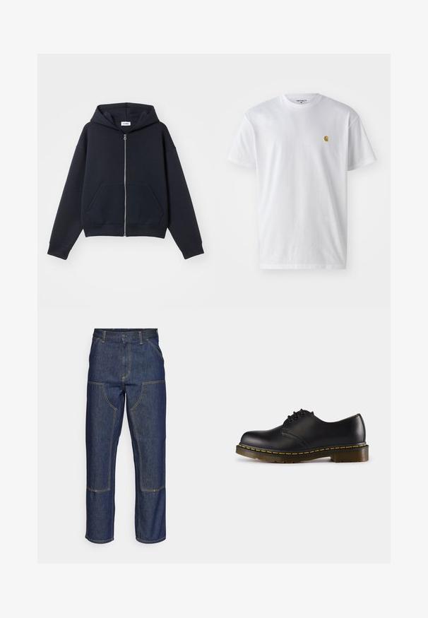 Navy hoodie met rits, gemaakt van zacht materiaal, voorzien van een voorzak, een capuchon en geribbelde manchetten, met een relaxte pasvorm en een minimalistisch ontwerp.; Witte katoenen t-shirt met korte mouwen en ronde hals, voorzien van een klein gouden logo op de linkerkant van de borst. Zachte textuur en een normale pasvorm.; Donkerblauwe denim jeans met een hoge taille, rechte pijpen, contrasterende stiksels en opgestikte zakken aan de voorkant.; Zwarte leren schoen met een ronde neus, vetersluiting, gele stiksels langs de zool en een stevige, geprofileerde rubberen buitenzool.