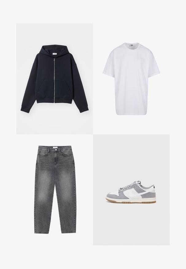 Tamna hoodie s patentnim zatvaračem izrađena od mekog materijala, sa prednjim džepom, kapuljačom i rebrastim manžetama, opuštenog kroja i minimalnog dizajna.; Bijela pamučna majica s kratkim rukavima, zaobljenim izrezom, opuštenog kroja, bez vidljivih logotipa ili uzoraka. Glatka tekstura i minimalni dizajn.; Traperice visokog struka, širokog kroja u izblijedjelom crnom denimu. Imaju pet džepova, petlje za remen, i čist, ravni kroj nogu.; Sivi i bijeli tenisice s gornjištem od antilopa i kože, okruglim vrhom, ravnim vezicama i gumenim potplatom s dodatkom boje gume.