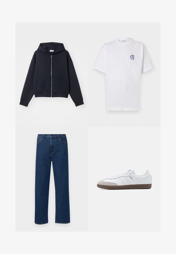 Mėlynas ziperių džemperis, pagamintas iš minkštos medžiagos, su priekinėmis kišenėmis, gobtuvu ir nustatytais rankogaliais, su laisvu kirpimu ir minimalistiniu dizainu.; Baltas medvilninis marškinėlis trumpomis rankovėmis, apvalia iškirpte ir mažu siuvinėtu mėlynu „C“ logotipu kairėje krūtinės pusėje.; Tamsiai mėlynos tiesaus žandikaulio džinsai su priekinėmis kišenėmis ir mygtuko uždarymu, rodantys ant paprasto balto fono.; Baltos odinės sportinės bateliai su pilku zomšos pirštų dangteliu, trimis horizontaliais baltais dryžiais, mėlynu akcentu ir rudu guminio pado pagrindu. Tekstūruota detalė ant pado.