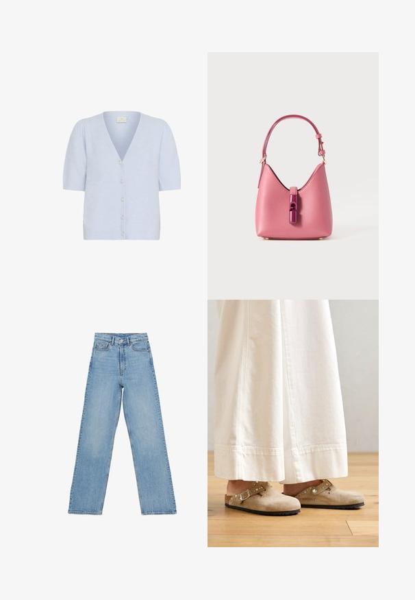 Kaffe MARINA - Cardigan - windsurfer cc; Camicia azzurro chiaro con righe verticali bianche e sottili rosse, maniche lunghe, colletto classico e orlo curvo.; Jeans in denim azzurro chiaro con vita alta, design a gamba dritta, dotati di cinque tasche e chiusura con bottone. Nessun motivo visibile.; Zoccoli in suede beige con cinturino fibbiato e dettagli di borchie, indossati con pantaloni bianchi a gamba larga, poggiati su un pavimento in legno.; Borsa in pelle rosa con una forma strutturata, caratterizzata da una chiusura lucida e una sola tracolla regolabile. Finitura texturizzata con hardware dorato.