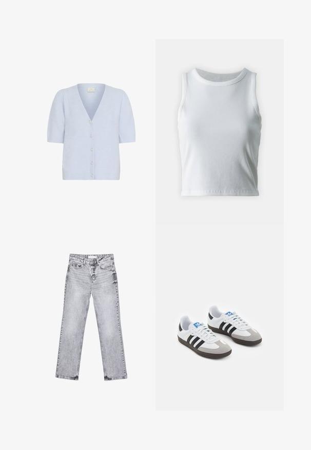 Kaffe MARINA - Cardigan - windsurfer cc; Hvid ribbet tanktop med rund halsudskæring og ærmeløs design, med en lige kant og en glat, strækbar tekstur.; Grå denim jeans med lige ben, distressed detaljer, fem lommer og kobbernitter. Taljebåndet har et logomærke.; Sportsko med en overdel i hvid læder, grå ruskind på tåen og tre sorte striber. Har et blåt logo på tungen og en struktureret gummisål.