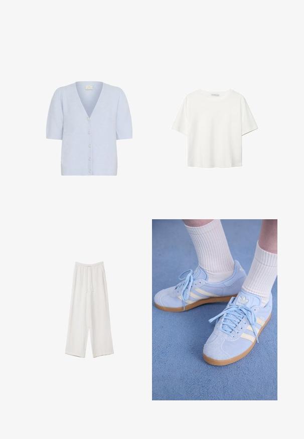 Kaffe MARINA - Jopica - windsurfer cc; Bela kratka majica s kratkimi rokavi iz bombaža. Ima okroglo izrezovanje in sproščen kroj. Gladka tekstura brez vidnih vzorcev ali poudarkov.; Bele široke hlače iz lahkega materiala. Imajo elastičen pas s vrvico in stranske žepe. Gladka tekstura.; Svjetloplave suede tenisice s bijelim trakama, ravnim vezicama i gumenenim potplatom. Iznad gležnja su nošene rebraste bijele čarape.