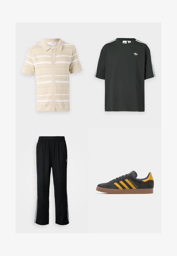 Cardigã de malha de manga curta bege com gola, apresentando riscas horizontais e padrões de rendas, finalizado com botões.; T-shirt preta de algodão com mangas curtas, gola redonda e detalhe branco de três riscas nos ombros. Apresenta um pequeno logotipo branco no peito.; Calças atléticas pretas com um cós elástico, apresentando riscas brancas laterais e um pequeno logótipo. O material parece macio e leve.; Tenis em camurça preta com detalhes amarelos, apresentando três riscas e uma sola de borracha castanha. Inclui uma língua acolchoada para maior conforto.