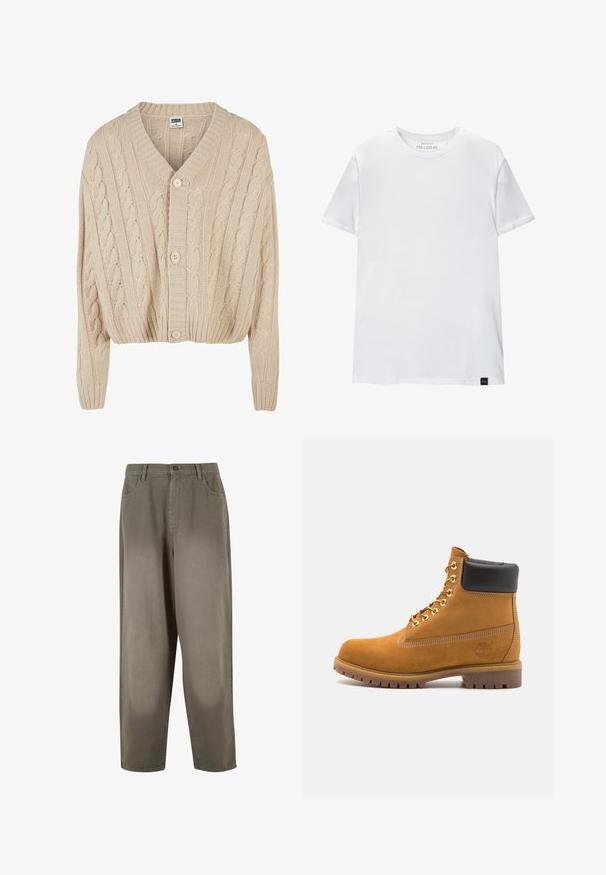Krémový kardigan s pleteným vzorem, V-výstřihem, dlouhými rukávy, zapínáním na pět knoflíků a ribbeným lemem. Obsahuje texturovaný vzor po celém povrchu.; Bílá tričko s těsným střihem vyrobené z bavlny. Kolečkový výstřih, krátké rukávy, hladká textura. Malá černá visačka s logem na lemu. Jednoduchý design.; Světle zelené široké kalhoty vyrobené z měkké tkaniny. Mají zapínání na knoflík, přední kapsy a hladký celkový vzhled.; Hnědé semišové kotníkové boty s černým polstrovaným límcem, zlatými kovovými očky, bílým prošíváním a odolnou gumovou podrážkou s výraznými drážkami.