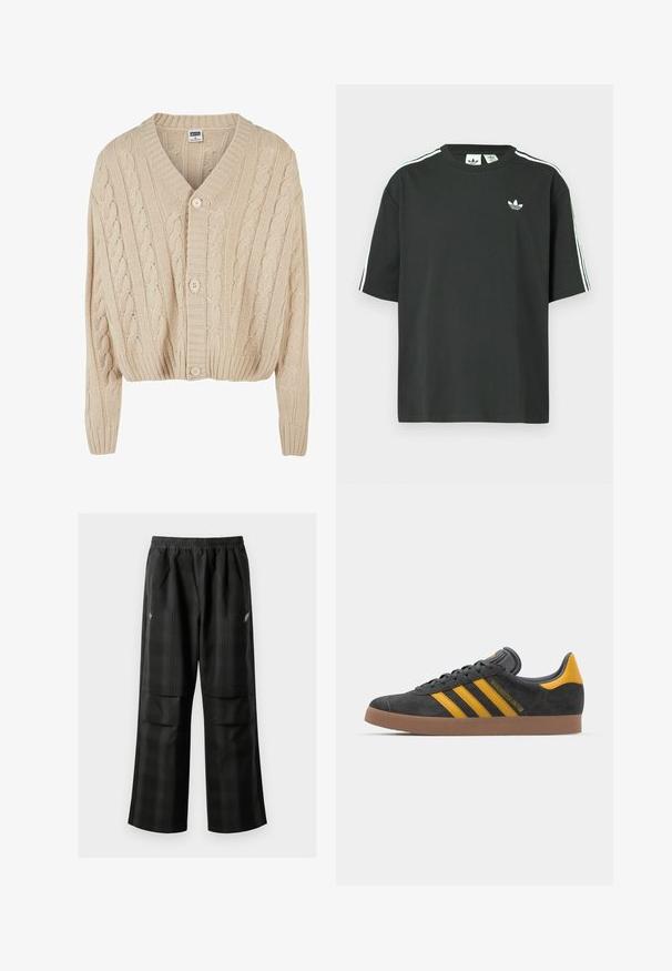 Cream cable-knit cardigan with a V-neck, long sleeves, five-button closure, and ribbed hem. Features a textured pattern throughout.; Black cotton t-shirt with short sleeves, crew neckline, and white three-stripe detailing on shoulders. Features a small white logo on chest.; Black plaid pants featuring an elastic waistband, two front pockets, and a loose fit with a straight leg design. Made from lightweight material.; Black suede sneaker with yellow accents, featuring three stripes and a brown rubber sole. Includes a padded tongue for comfort.