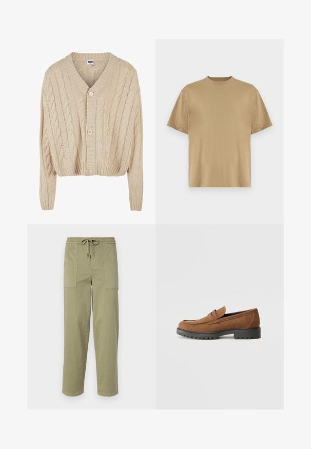 Cardigan in maglia cable cream con scollatura a V, maniche lunghe, chiusura a cinque bottoni e orlo a coste. Presenta un motivo testurizzato in tutto il capo.; T-shirt khaki a maniche corte realizzato in morbido tessuto, con scollatura rotonda e vestibilità rilassata. Non sono visibili pattern o grafiche.; Pantaloni verde oliva chiaro realizzati in tessuto misto cotone, con una vita elasticizzata e cordoncino, e due ampie tasche laterali.; Mocassini in suede marrone con punta arrotondata e una bassa suola in gomma nera, caratterizzati da una fascia decorativa e dettagli di cucitura sulla tomaia.