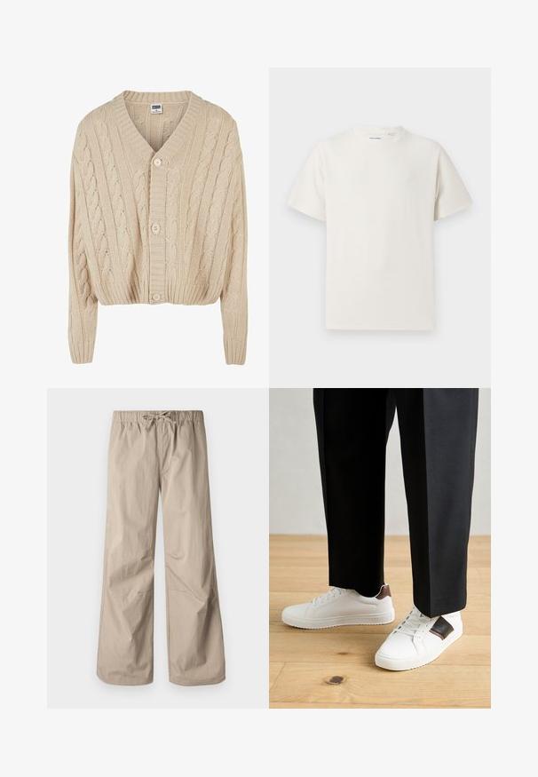 Kreminės spalvos kabeliu mezgta kardiganas su V formos iškirpte, ilgomis rankovėmis, penkiomis mygtukų užsegimo ir gubtuoju apvadu. Yra tekstūruotas raštas per visą audinį.; Balta trumpa rankovė T-polo marškinėlių su juostelėmis tekstūra. Apvalus iškirpimas, laisvas fasonas, jokių matomų raštų ar akcentų. Paprastas ir universalus dizainas.; Šviesiai rudos plačios kelnės su elastinga juosta ir raišteliu. Lygus paviršius, dvi šoninės kišenės ir minimalūs siūlės, užtikrinantys patogų prigludimą.; Balti sportbačiai su glotnia danga, puošti rudais odiniais akcentais ir juodais detalėmis, derinami su juodais pritaikytais kelnėmis. Medinių grindų fonas.