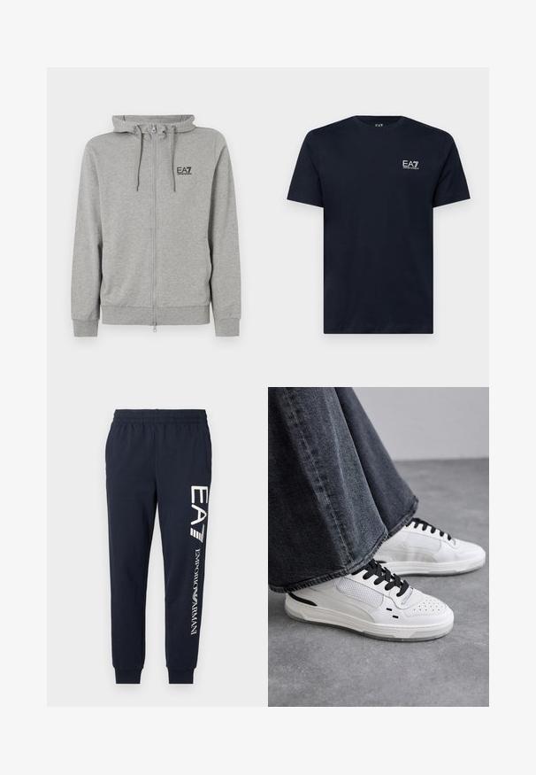 Γκρι φούτερ με φερμουάρ και κουκούλα με κορδόνι, ραμμένα μανίκια και λογότυπο EA7 στο στήθος. Φτιαγμένο από μαλακό, υφασμένο ύφασμα.; Ναυτικό μπλε βαμβακερό T-shirt με κοντά μανίκια, λαιμόκοψη τύπου crew και ένα μικρό λευκό κεντημένο λογότυπο στο αριστερό στήθος. Λείος υφασμάτινος ιστός.; Ναυτικό μπλε βαμβακερές φόρμες με ελαστική μέση, τετραγωνισμένα πόδια και αντίθετες λευκές εκτυπώσεις των λογότυπων EA7 και Emporio Armani κατά μήκος της πλευράς.; Λευκά αθλητικά παπούτσια με μαύρες κορδόνες και πλέγμα λεπτομέρειας. Διαθέτουν λείο δερμάτινο επάνω μέρος και υφή από καουτσούκ στη σόλα. Συνδυάζονται με γκρι παντελόνια φαρδιάς γραμμής.