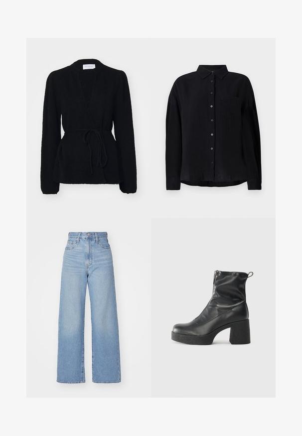 MSCH Copenhagen HOPE WRAP CARDIGAN - Strickjacke - black; Schwarzes Langarmhemd aus leichtem Stoff, mit spitzem Kragen, Knopfleiste, einer Brusttasche und lockerer Passform.; Hellblaue High-Waist-Weite-Leg-Jeans mit Knopf- und Reißverschluss vorne, Vorder- und Rückentaschen, auf weißem Hintergrund.; Schwarze Stiefeletten aus glattem Leder mit seitlichem Reißverschluss, klobigem strukturiertem Absatz und runder Zehenform.