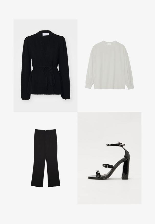 MSCH Copenhagen HOPE WRAP CARDIGAN - Strickjacke - black; Helles graues Langarm-T-Shirt aus weicher Baumwolle. Mit lockerer Passform, Rundhalsausschnitt und sanft gerafften Bündchen. Keine Muster oder Grafiken.; Schwarze Hose mit geradem Schnitt, ausgestattet mit Fronttaschen und Seitenschlitzen am Saum. Hergestellt aus weichem, glattem Stoff. Geeignet für verschiedene Anlässe.; Schwarze patentierte Sandalen mit Absatz, quadratischer Spitze, Knöchelriemen und silbernen Schnallen. Mit einem stabilen Blockabsatz für mehr Stabilität.