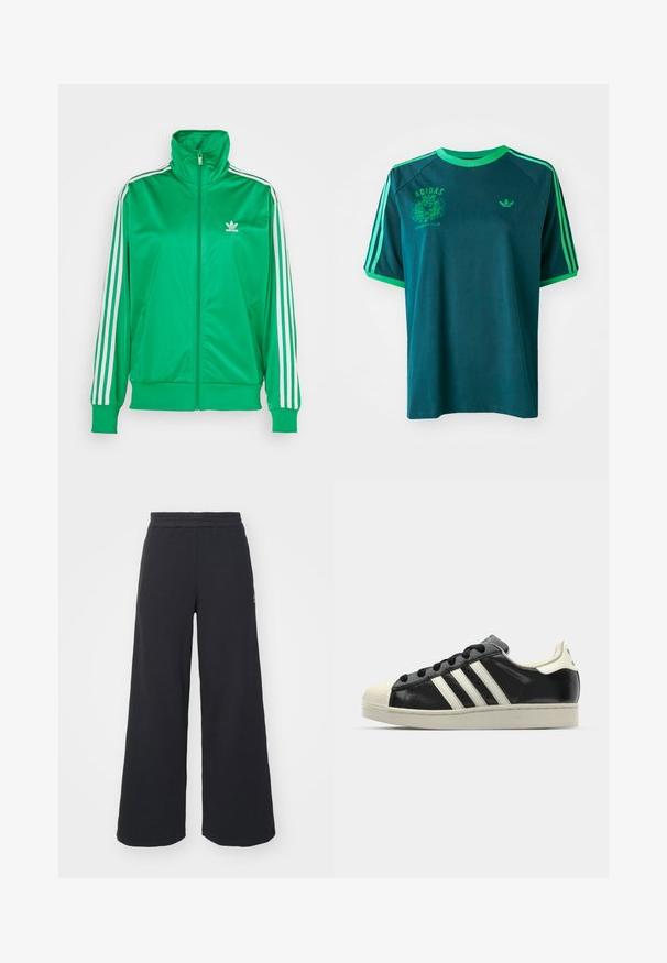 Casaco verde com fecho éclair, feito de poliéster liso. Apresenta um colarinho alto, riscas brancas nas mangas e um pequeno logótipo branco no peito.; T-shirt de algodão azul-petróleo com detalhes verdes, apresentando um decote redondo, mangas raglan e logótipo da Adidas impresso no peito e na manga.; Calças de fato largas, pretas, feitas de tecido macio, com uma cintura elástica e um pequeno logótipo do lado esquerdo.; Sapatilha de couro preto com riscas brancas, biqueira de borracha, atacadores pretos e sola na cor creme. Textura suave com acabamento brilhante.