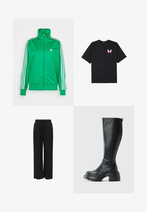 Green zip-up jacket made of smooth polyester. Features high collar, white stripes on sleeves, and small white logo on chest.; Black cotton t-shirt with short sleeves, featuring a small pink butterfly graphic on the left chest. Crew neck design with a relaxed fit.; Black wide-leg pants made from soft fabric, featuring a stretchy waistband with a drawstring for adjustable fit. No patterns or accents.; Tall black leather boot with chunky platform sole and block heel, featuring pull tab and textured tread on outsole.