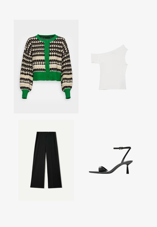 ONLY ONLMADEA - Jopica - green bee pattern/slate green/black; Asimetrična bela majica iz gladkega blaga, ki ima en kratek rokav in en dizajn brez ramena, s čistim, minimalističnim videzom.; Bershka WIDE - Hlače - black; Bershka Sandali z visoko peto - black