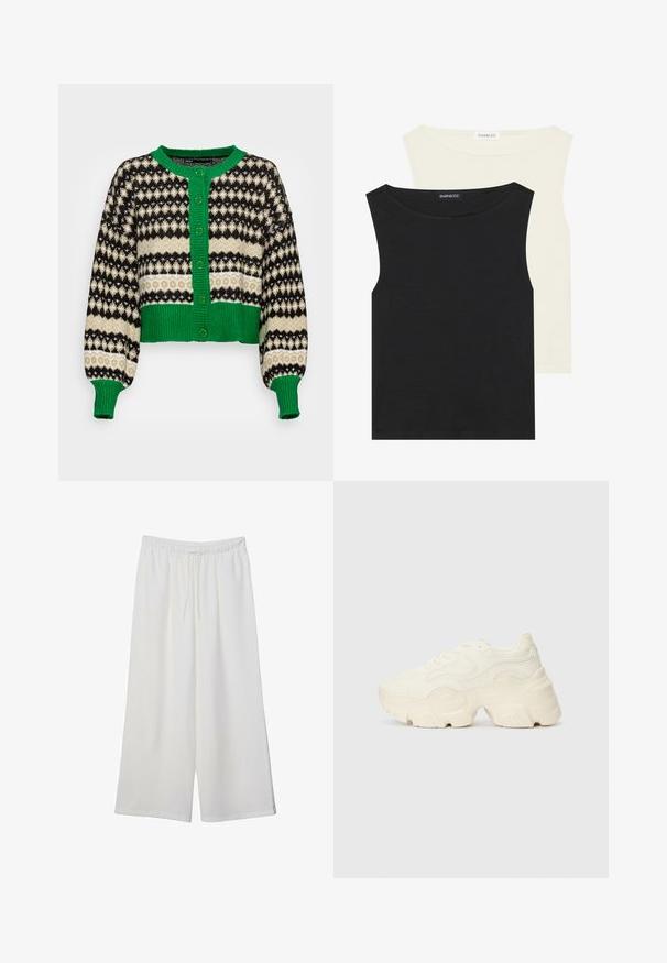 ONLY ONLMADEA  - Cardigan - green bee pattern/slate green/black; Sorte og cremefarvede ærmeløse toppe lavet af bomuld, med runde udskæringer og en glat tekstur, stablet med labels synlige.; Hvide vidde bukser lavet af letvægtsstof, med en elastisk talje og snøre for justerbar pasform. Glat tekstur.; Chunky hvide sneakers lavet af tekstureret mesh og syntetiske materialer, med en tyk sål og intrikate mønsterdetaljer langs siderne.