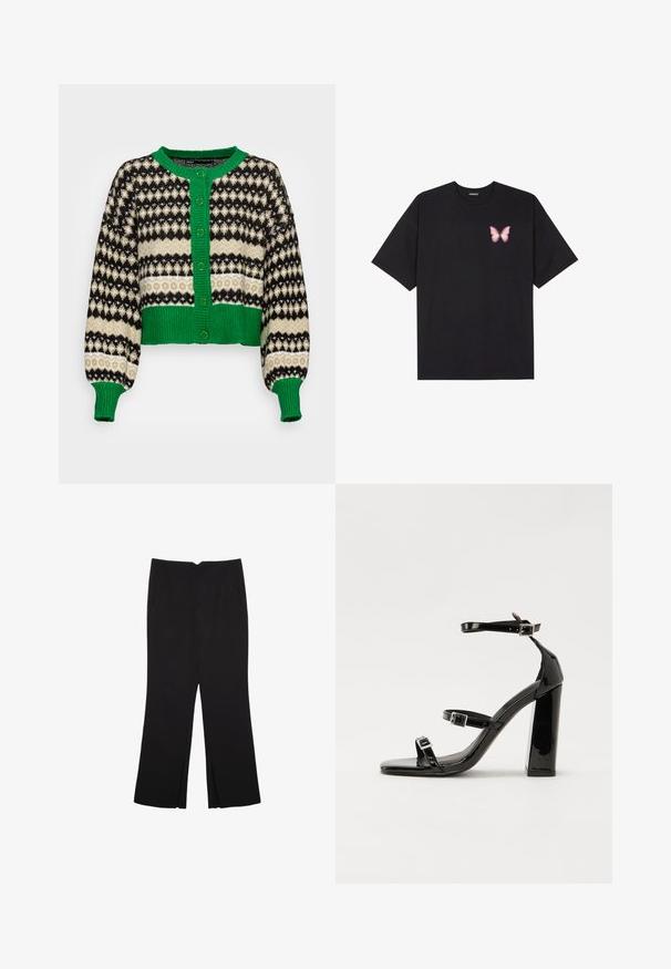 ONLY ONLMADEA - Gilet - green bee pattern/slate green/black; T-shirt en coton noir à manches courtes, avec un petit graphique de papillon rose sur la poitrine gauche. Modèle à col rond avec une coupe décontractée.; Pantalon noir avec une coupe droite, doté de poches avant et d'éclairs sur l'ourlet. Fabriqué en tissu doux et lisse. Convient à diverses occasions.; Sandales à talons vernies noires avec un bout carré, des sangles autour de la cheville et des boucles en argent. Dotées d'un talon bloc épais pour plus de stabilité.