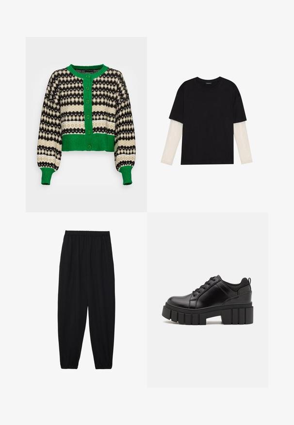 ONLY ONLMADEA - Gilet - green bee pattern/slate green/black; T-shirt noir en coton, avec des manches courtes sur une couche à manches longues blanche avec un motif texturé subtil. Col rond.; Pantalons noirs légers avec une taille élastique et des chevilles froncées. Le tissu est lisse et présente un design décontracté et fuselé.; Chaussures à plateforme en cuir noir avec un talon bloc épais, bout rond et un design traditionnel à lacets. Elles présentent une texture lisse et un détail minimal.