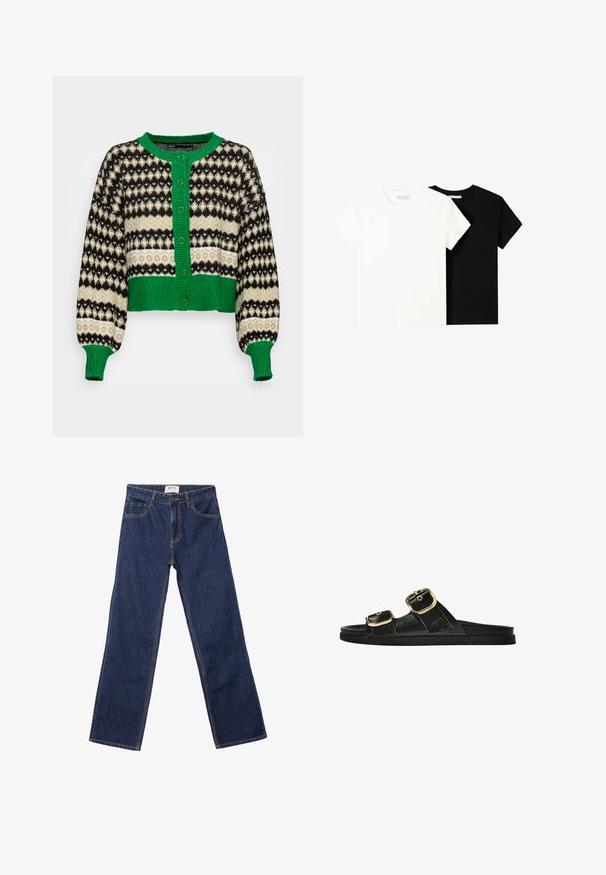 ONLY ONLMADEA - Strickjacke - green bee pattern/slate green/black; Zwei kurzärmelige T-Shirts, eines weiß und eines schwarz, aus Baumwolle. Beide haben einen runden Halsausschnitt und ein einfaches, klassisches Design.; Dunkelblaue gerade Jeans mit Fronttaschen, Gürtelschlaufen und einem Knopfverschluss.; Schwarze Riemensandale mit zwei goldenen Schnallendetails, glattem Material, flachem Sohlen und minimalistischer Gestaltung.