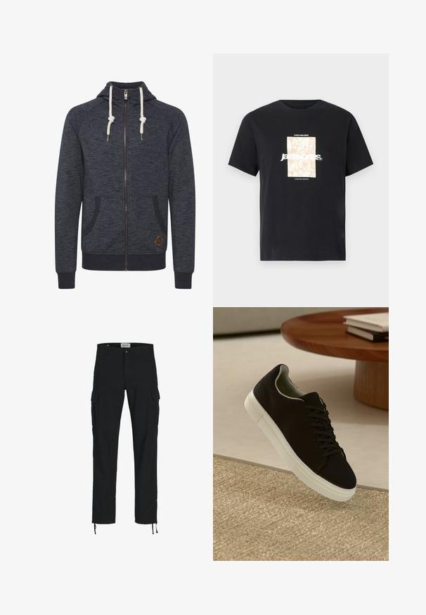 Tumesinine lukuga kapuutsiga sviiter, millel on tekstuuriga pind, nööriga kapuuts, kaks külgtaskut ja väike pruun logopatch allääres.; Mustmust mustäriga T-särk, millel on ümar kaelus. Esipaneelil on beež ristkülikukujuline graafika ja valge tekst "JAWO", mis on keskendatud. Lühikesed varrukad.; Mustad mustad püksid sirge lõikega, külje taskutega, nööbiga kinni ja elastsete paeltega pahkluudes. Valmistatud vastupidavast kangast.; Mustad musta tossuga valge tallaga, mis hõljub beeži tekstuuriga vaiba kohal, ümaral puidust laual, mille peal on kokku virnastatud raamatud.