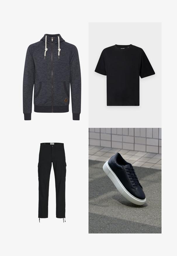 Tumesinine lukuga kapuutsiga sviiter, millel on tekstuuriga pind, nööriga kapuuts, kaks külgtaskut ja väike pruun logopatch allääres.; Mustame lühikeste varrukatega ümar kaelusega T-särk, millel on mugav lõige, esitletud valgel taustal.; Mustad mustad püksid sirge lõikega, külje taskutega, nööbiga kinni ja elastsete paeltega pahkluudes. Valmistatud vastupidavast kangast.; Mustast nahast tennisetoss, millel on ümar nina ja valge kummist tall. Omab siredaid paelu ja minimaalset õmblemist ülemises osas. Tekstuuriga tald, mis tagab haakuvuse.