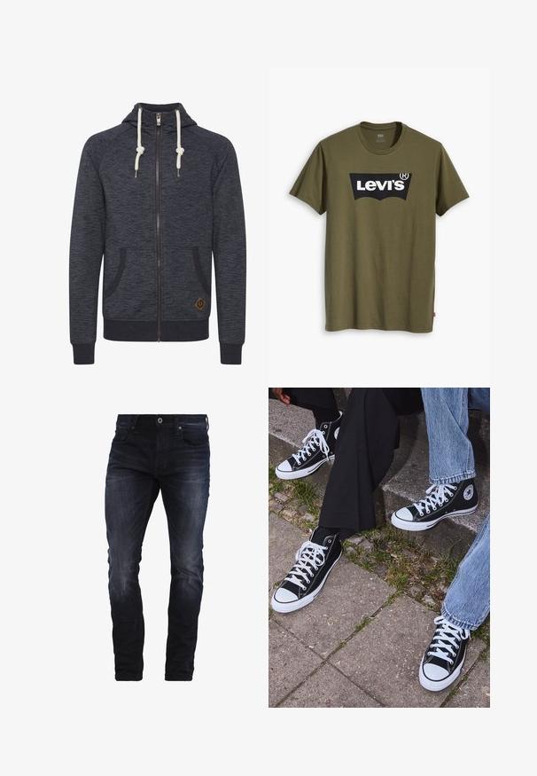 Tamsiai pilkas zip-up džemperis su tekstūruotu paviršiumi, turintis lynų kapucę, dvi šonines kišenes ir mažą rudą logotipo etikėtę apačioje.; Alyvuogių žalios spalvos medvilniniai marškinėliai, ant krūtinės didelis juodas Levi's logotipas pusiau lankiniu kontrastingu raštu. Reguliarios formos.; Tamsiai mėlynos siauros kelnes su nedideliu blukimu ant šlaunų ir kelių, su priekinėmis kišenėmis, diržo kilpos ir sagos uždarymu.; Juoda aukšta avalynė iš kanvos su baltais guminiais padais ir raišteliais, su apvaliu logotipu šone, derinama su džinsais ir juodomis kelnėmis.