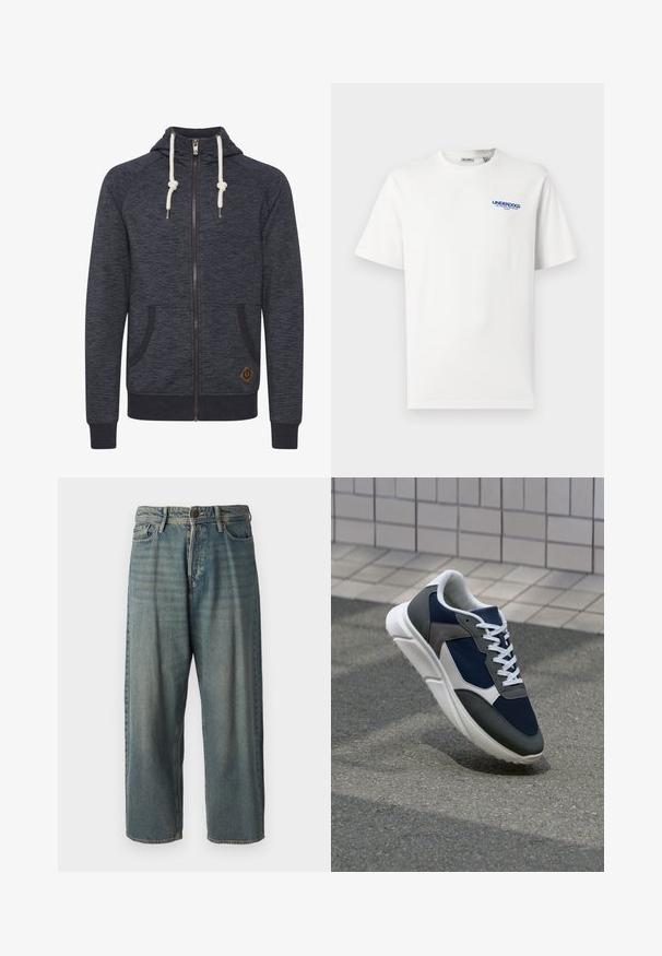 Tamsiai pilkas zip-up džemperis su tekstūruotu paviršiumi, turintis lynų kapucę, dvi šonines kišenes ir mažą rudą logotipo etikėtę apačioje.; Balta trumpa rankovėmis marškinėliai su apvalia iškirpte ir mažais mėlynais žodžiais "UNDERDOGS", taip pat papildomu mažesniu tekstu kairiajame krūtinkaulyje.; Šviesiai mėlyni džinsai su laisvu siluetu, vidutinio aukščio juosmeniu ir tiesiomis kojomis. Su penkiais kišenėmis, diržo kilpo ir mygtukų uždarymu.; Sportiniai bateliai su tamsiai mėlynu tinkliniu viršumi, pilkais zomšiniais akcentais, balta guma padanga ir plokščiomis baltomis raištelėmis, sukurti komfortui ir oro pralaidumui.