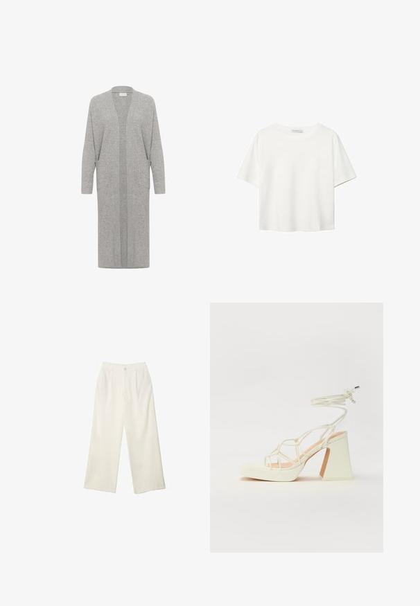 Langer, offener Cardigan aus hellgrauem Rippstoff. Mit langen Ärmeln, zwei seitlichen Taschen und einer lockeren Passform.; Weißes T-Shirt mit kurzen Ärmeln aus Baumwolle. Hat einen Rundhalsausschnitt und eine lockere Passform. Glatte Textur ohne sichtbare Muster oder Akzente.; Helle Stoffhose mit weitem Bein und glatter Textur, ausgestattet mit einem einzelnen Knopf vorne, dezenten Falten und einem Hochbund-Design.; Weiße High-Heel-Sandale mit einem klobigen Absatz, die über ein Riemchendesign und ein Knöchelband verfügt. Glatte Textur mit einer Plattform vorne für zusätzliche Höhe.