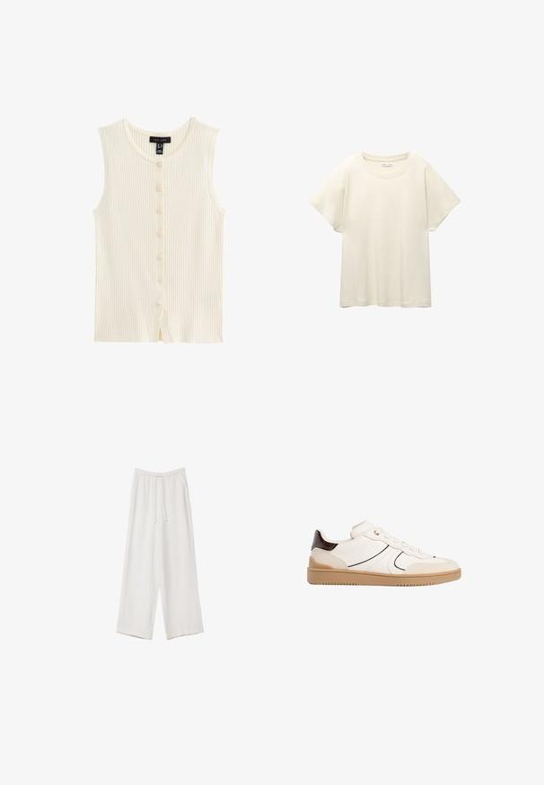 New Look BUTTON UP - Smanicato - cream; Maglietta a maniche corte beige chiaro con scollatura rotonda, realizzata in un tessuto morbido e liscio. Presenta una vestibilità comoda e un orlo dritto.; Pantaloni a gamba larga bianchi realizzati in un tessuto leggero. Presentano una vita elastica con cordoncino e tasche laterali. Texture liscia.; Stradivarius Sneakers basse - white