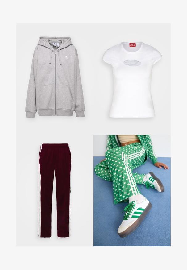 Pilkas užtrauktuku užsegamas džemperis, pagamintas iš medvilnės mišinio, turi reguliuojamą kapšelį, priekines kišenes ir mažą baltą logotipą ant kairės krūtinės.; Baltas figūruotas marškinėlis pagamintas iš medvilnės, turintis apvalų kaklą ir trumpas rankoves, priekyje su šviesiai mėlynu išsiuvinėtu logotipu.; Burgundi spalvos sportinės kelnės su raišteliu juosmenyje, baltomis šoninėmis juostelėmis ir siauru siluetu. Pagamintos iš lygaus, lengvo audinio.; Žalias modeliuotas treniruočių kostiumas su baltomis gėlių detalėmis ir baltomis juostelėmis, derinamas su baltomis sportinėmis bateliais, turinčiais žalias juosteles ir blizgučiais raišteliais.