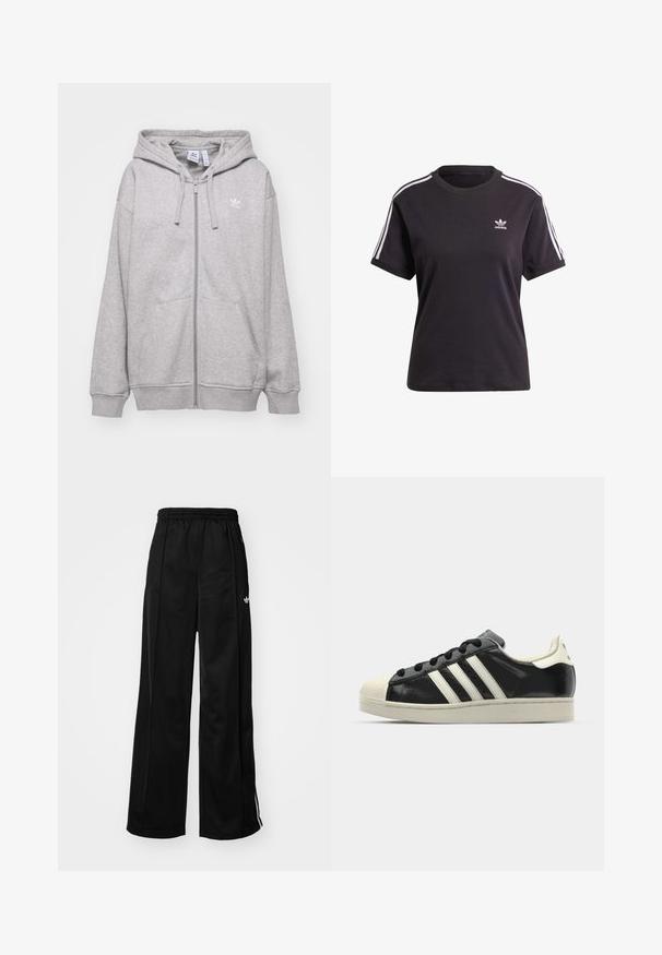 Siva zip-up dukserica od mješavine pamuka, s kapuljačom na vezanje, prednjim džepovima i malim bijelim logom na lijevoj strani grudi.; Crna pamučna majica kratkih rukava s okruglim izrezom, ukrašena bijelim trakama na ramenima i malim bijelim Adidas logom na prsima.; Crne široke trenirke s elastičnom gumom u struku, s bijelim bočnim trakama i malim logotipom na lijevom kuku. Glatka tekstura materijala.; Crni kožni tenisice s bijelim prugama, gumeni zaštitni vrh, crne vezice i bijela potplata boje krem. Glatka tekstura s sjajnim završetkom.