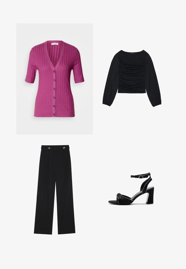 Cardigã curto de manga curta com nervuras em magenta vibrante, apresentando um decote em V profundo, fecho com seis botões e botões contrastantes em castanho.; Top preto de manga longa com detalhe de tecido franzido na parte da frente e nos pulsos, feito de material suave e elástico com decote à barco.; Calças largas pretas com cintura alta, detalhes em botão na cintura e pregas frontais.; Sandálias de salto alto em camurça preta com um salto bloco largo, tira de tornozelo ajustável, design de ponta aberta e detalhes de costura em contraste.