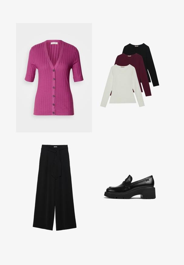 Cardigã curto de manga curta com nervuras em magenta vibrante, apresentando um decote em V profundo, fecho com seis botões e botões contrastantes em castanho.; T-shirts de manga longa nas cores branca, burgundy e preta. Feitos de um tecido suave com decote redondo e design ajustado. Adequados para sobreposições.; Calças largas pretas com um tecido texturizado, uma cintura elástica e um laço destacável na cintura para um ajuste ajustável.; Mocassim preto de couro com salto chunky, sola grossa e detalhe de tira na parte superior, visto de lado sobre um fundo branco.