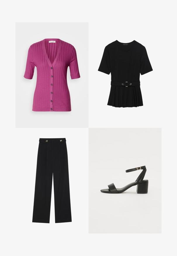 Ριχτό, κοντομάνικο καρντάν σε ζωντανό μωβ, με βαθύ V-λαιμό, κλείσιμο με έξι κουμπιά και αντίθεση καφέ κουμπιών.; Μαύρη κοντομάνικη μπλούζα από λεία ύφανση, με σχέδιο peplum και ζωνάκι στη μέση, διακοσμημένο με δύο στρογγυρά, ασημί κουμπιά.; Μαύρο παντελόνι φόρμας σε φαρδιά γραμμή με ψηλή μέση, κουμπιά στη μέση και πλαϊνές τσέπες.; Μαύρη σандάλια με τακούνι, που διαθέτει πάνα λείο δέρμα στην επάνω πλευρά, ανοιχτό μπροστινό μέρος, φαρδιές μπροστινές λωρίδες και ρυθμιζόμενη λωρίδα στον αστράγαλο με χρυσή αγκράφα.