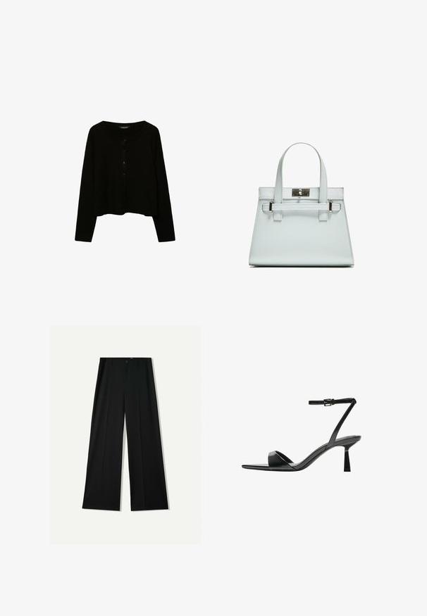 Cardigan nero cropped con maniche lunghe, scollatura rotonda e chiusure con bottoni sul davanti. Realizzato in tessuto a maglia testurizzato.; Maglietta bianca a maniche lunghe realizzata in tessuto a coste, con scollatura rotonda e orlo dritto. Design semplice e uniforme.; Bershka WIDE - Pantaloni - black; Bershka Sandali con tacco - black; Borsa a mano azzurro chiaro con design strutturato, due manici e chiusura in metallo tono argento. Materiale testurizzato e angoli acuti.