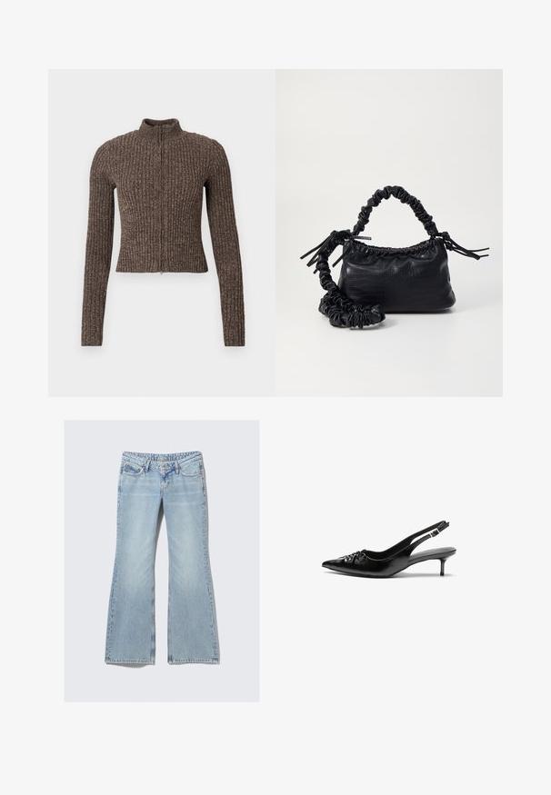 Brūns rāvējslēdzēja džemperis ar ribu rakstu, augstu apkakli, garām piedurknēm un piegulošu dizainu. Izgatavots no faktūras adījuma auduma.; Melna off-shoulder gapģē jeb topiņš, kas izgatavots no mīksta, elastīga auduma, ar ručām un plašo siksnu dizainu vienā pusē.; Weekday NOVA - Pieguloša piegriezuma džinsi - lip blue; Melni ādas sandales ar norādītu pirkstu, mazu kaķa papēdi un dekoratīvu mezglu detaļu priekšā. Gluda tekstūra visā virsmā.; Melnā mākslīgās ādas rokassoma ar krokodila rakstu, savilkta augšdaļa un saburzīta siksna. Izskatās mīksta un kompakta pēc dizaina.