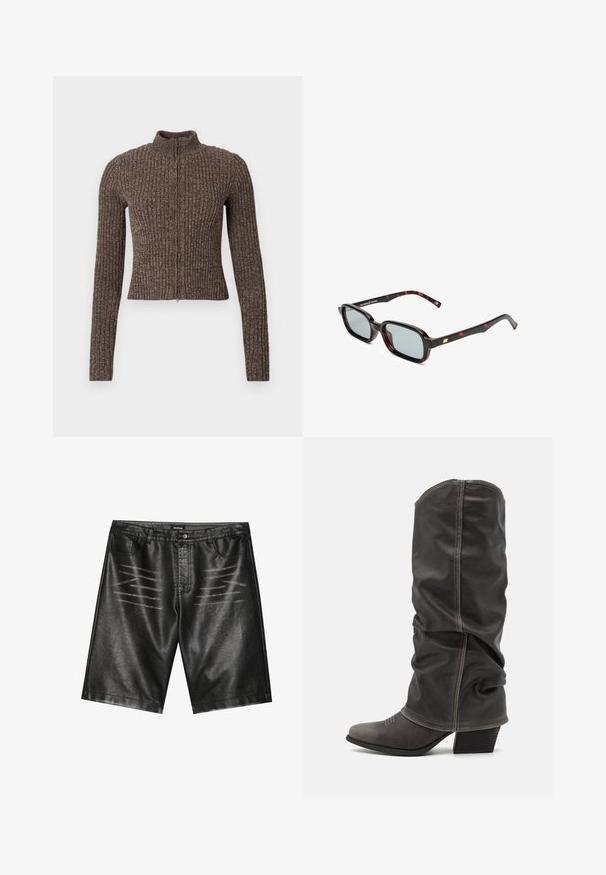 Brauner, gerippter Reißverschluss-Pullover mit hohem Kragen, langen Ärmeln und figurbetontem Design. Hergestellt aus strukturiertem Strickstoff.; Graues gestreiftes Nike-Trikot mit schwarzem V-Ausschnitt, das ein auffälliges schwarzes Logo und weiße Akzente an den Ärmeln aufweist.; Schwarze Shorts aus Kunstleder mit glatter Textur, fünf Taschen und subtilen Streifenakzenten auf der Vorderseite. Klassisches gerades Design.; Graue Lederstiefel bis zur Wade mit einem lässigen Design, spitzer Zehenform und gestapelt Hohem Absatz. Auffällige Nähte im Bereich der Zehen.; Sonnenbrille mit rechteckigen schwarz-roten gemusterten Rahmen, grauen Gläsern und goldenen Akzenten an den Bügeln. Das Design ist schlank und modern.; Schlangenmuster-Tasche mit einem gebogenen Griff. Hergestellt aus strukturierten, beige- und braunfarbenen Materialien, die ein markantes Diamantmuster aufweisen.