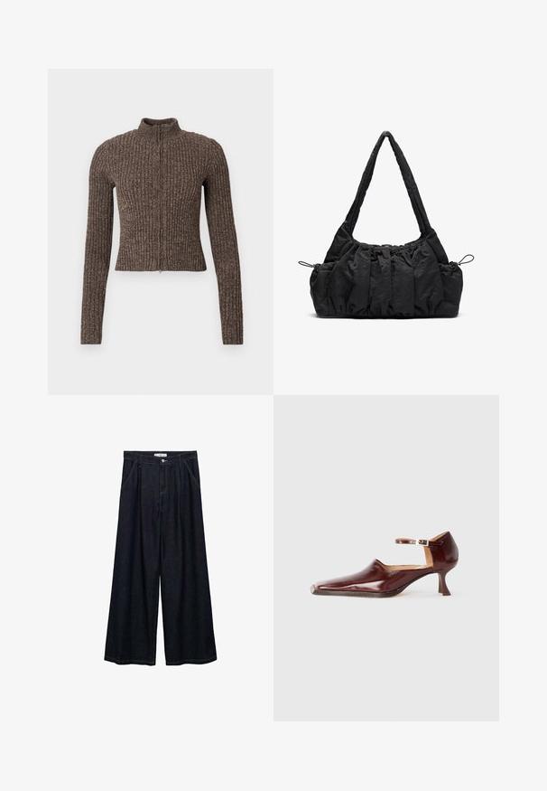Pull marron côtelé avec fermeture éclair, col haut, manches longues et coupe ajustée. Fabriqué en tissu tricoté texturé.; Chemise grise à manches longues avec un col rond, ornée d'une bordure blanche au niveau du col et des poignets. Fabriquée en tissu doux et texturé.; Pantalons larges en denim foncé avec taille haute, présentant une fermeture à bouton à l'avant, deux poches latérales et des détails de couture.; Chaussure en cuir verni bordeaux avec un bout pointu, une bride de cheville et un talon effilé de 5 cm. Texture lisse et design minimaliste.; Sac à main en tissu noir avec texture froncée, deux poignées pour l'épaule et fermeture à cordon sur les côtés. Matériau lisse et léger.