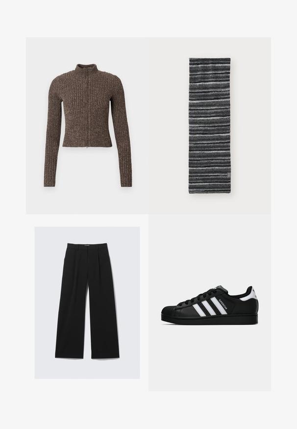 Brown ribbed zip-up sweater with a high collar, long sleeves, and fitted design. Made from textured knit fabric.; Black long-sleeve hooded top with a front zipper. Made of a smooth fabric, fitted design, and minimal detailing. Rounded hem at the bottom.; Black wide-leg trousers with belt loops, front pleats, and a hidden front closure, displayed on a white background.; Black Adidas Superstar sneaker with white stripes, shell toe, and "Superstar" text on side, shown in side profile on white background.; Knitted scarf with black and gray horizontal stripes, soft texture, elongated rectangular shape, featuring a small tag at the bottom corner.; Dark green leather handbag with a curved shape, zippered pockets, and front flap pocket. Features silver hardware and textured finish.