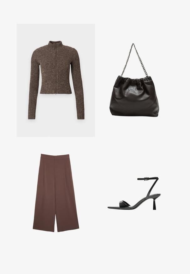 Brauner, gerippter Reißverschluss-Pullover mit hohem Kragen, langen Ärmeln und figurbetontem Design. Hergestellt aus strukturiertem Strickstoff.; Braunes, kurzärmliges T-Shirt aus weichem Material mit rundem Halsausschnitt und lockerer Passform. Keine sichtbaren Muster oder Akzente.; Braune Weite-Leg-Hosen mit einer glatten Textur, hoher Taille und Vorderfalten. Der Stoff ist leicht und fällt locker.; Bershka High Heel Sandalette - black; Braune Lederhandtasche mit gerafftem Oberteil und Kettenriemen. Glatte Textur mit glänzendem Finish und subtilen Nahtdetails an den Seiten.
