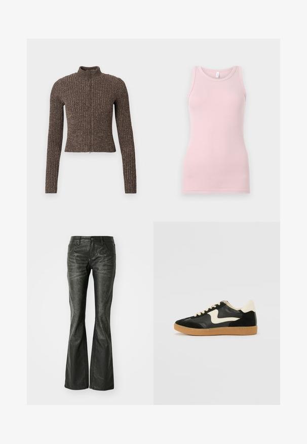 Maglione marrone a costine con zip, collo alto, maniche lunghe e design aderente. Realizzato in tessuto a maglia strutturato.; Top senza maniche rosa chiaro realizzato in un tessuto morbido e elasticizzato. Presenta un scollatura rotonda e spalline sottili, con una texture liscia e una forma aderente.; Jeans svasati neri in ecopelle con tasche frontali, chiusura a bottone metallico e una superficie leggermente tessurizzata. Gamba dritta con taglio lungo.; Sneaker nera in suede e pelle con un sorriso laterale crema e un tallone di un leggero crema. Presenta lacci beige e una suola in gomma color caramello.