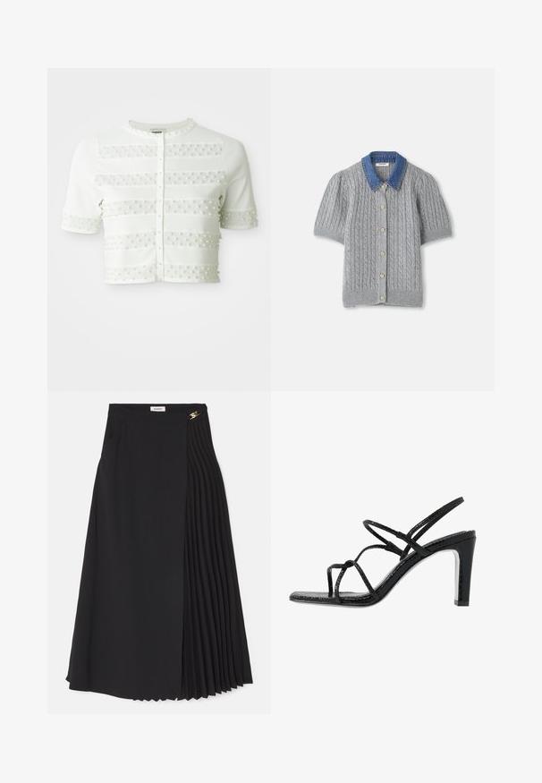 Hvit kortermet kardigan med perleknapper og horisontale mesh-striper dekorert med små perler over framsiden og ermene.; Grå strikket kortermet cardigan med kabelmønster, med en denimkrage og fem gullknapper foran.; Svart midiskjørt med plisserte detaljer på den ene siden, laget av lett stoff med skjult glidelås og sidelommer.; Svarte hæler med tynne stropper, teksturert finish, åpen tå og et glatt, spisst hældesign. Har en myk innersåle og en blank overflate.