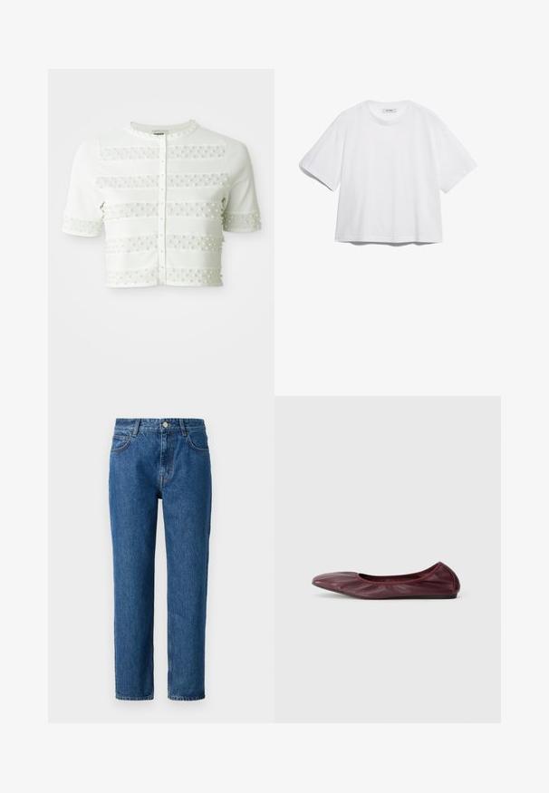 Biela krátka kardigán s krátkymi rukávmi a perlovými gombíkmi, s horizontálnymi pruhmi zmesi, zdobenými malými perlami na prednej strane a rukávoch.; Biela bavlnená tričko s krátkymi rukávmi, okrúhlym výstrihom, vo voľnom strihu, bez viditeľných vzorov alebo grafiky. Hladká textúra a jednoduchý dizajn.; Modré denimmové džínsy so strihom s rovnými nohavicami, vybavené zapínaním na gombík, pútkami na opasok a prednými vreckami. Vyrobené z texturovanej bavlnenej tkaniny.; Balerínky v hlbokom burgundskom koži, s zaoblenou špičkou, elastickým okrajom a hladkým povrchom so subtilným detailom skladania.