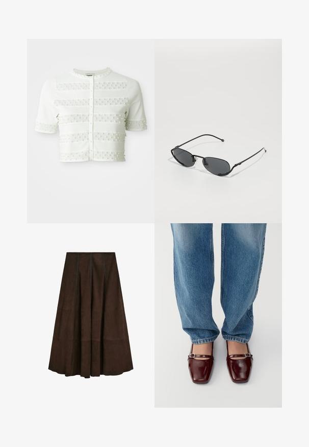 Hvid kortærmet cardigan med perleknaplukninger og horisontale meshstriber prydet med små perler over fronten og ærmerne.; Langærmet bluse med skulderudskæring i en lys taupe farve. Fremstillet af blødt stof med draperet halsudskæring og tætsiddende ærmer.; Brun ruskind midi-nederdel med en flare-design og lodrette sømdetaljer, der har en glat tekstur og en bred kant.; Burgunderfarvede patentlæder sko med firkantet tå og ankelrem, parret med lyseblå løs pasform jeans. Skoene har en glansfuld overflade.; Sorte solbriller med smalle ovale linser, tynde metalrammer og justerbare næsepuder. Har et strømlinet, minimalistisk design.