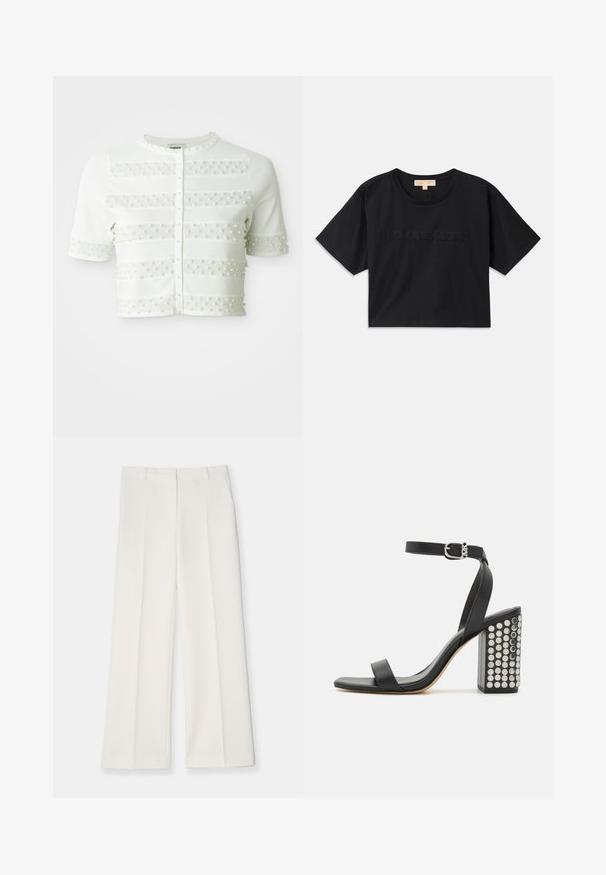 Weißer kurzärmeliger Cardigan mit Perlenknopfverschluss und horizontalen Mesh-Streifen, die an der Vorderseite und den Ärmeln mit kleinen Perlen verziert sind.; Schwarzes, verkürztes T-Shirt aus Baumwolle. Hat einen runden Halsausschnitt und kurze Ärmel. "MICHAEL KORS" in passender Farbe auf der Vorderseite gestickt.; Weite Hose aus leichtem cremefarbenem Stoff, mit einer glatten Textur, vorderen Falten und zwei Seitentaschen. Maßgeschneiderter Bund.; Schwarze Ledersandalen mit Absatz und Knöchelriemen. Mit einer quadratischen Schuhspitze, glatter Textur und einem quadratischen Blockabsatz, der mit silbernen Nieten verziert ist.