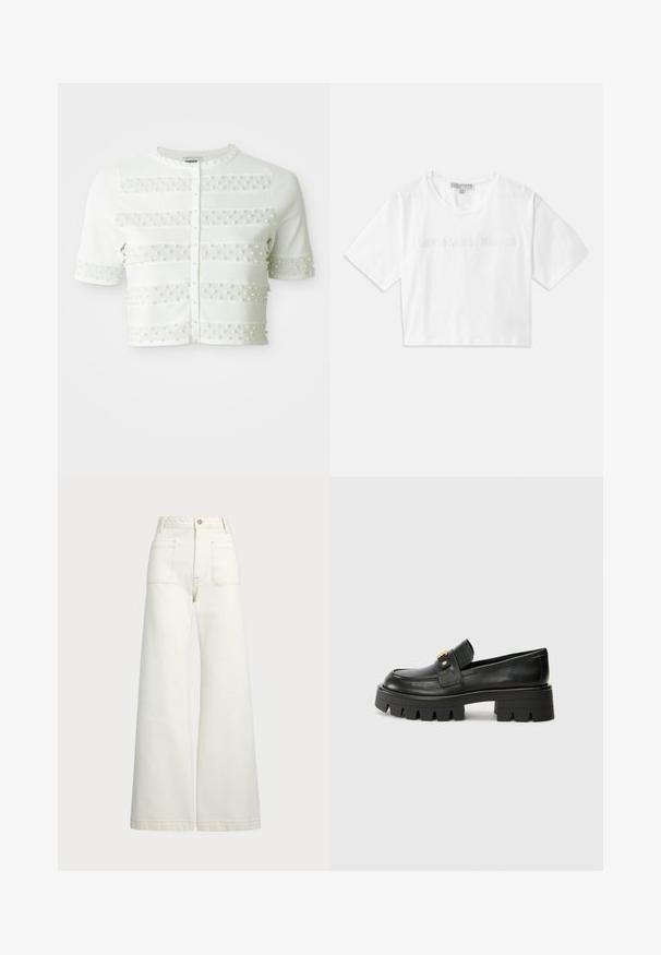 Weißer kurzärmeliger Cardigan mit Perlenknopfverschluss und horizontalen Mesh-Streifen, die an der Vorderseite und den Ärmeln mit kleinen Perlen verziert sind.; Weißes, kurzes T-Shirt aus Baumwolle mit kurzen Ärmeln und dem aufgestickten "MICHAEL KORS"-Logo in passendem Schriftzug auf der Vorderseite.; Weite Jeans aus off-white Denim. Hoch tailliertes Design mit Knopfverschluss, zwei Fronttaschen und kontrastierenden Stickdetails.; Schwarze Lederloafers mit einer klobigen Sohle, die an der Vorderseite ein goldfarbenes Akzent und eine glatte Oberfläche aufweisen. Klobiges Profil-Design auf der Sohle.